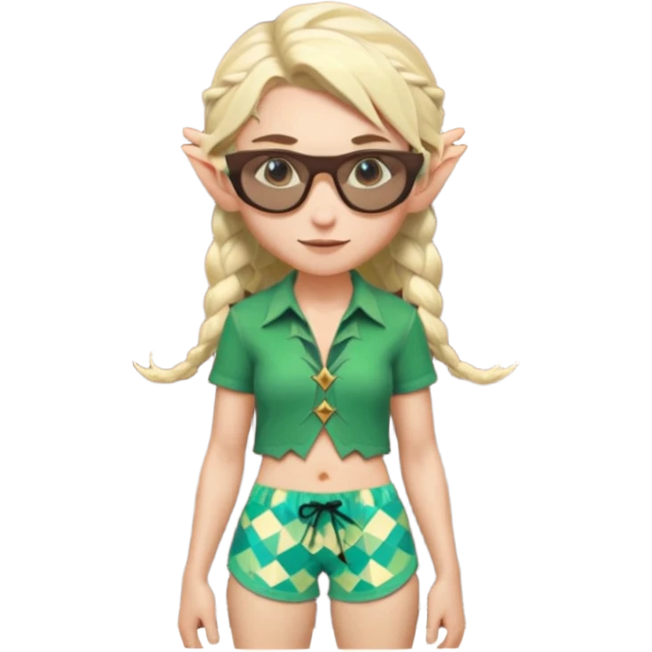 elf female legolas portrait, patterned board shorts (geometric/abstract), unique wooden-framed sunglasses, undercut hairstyle, slight smirk, visible pointy ears, no background, centered emoji, hipster summer vibe coctails emoji