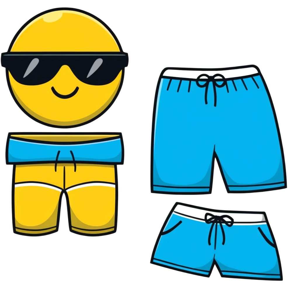 swimming board shorts and separate sunglasses on beach towel in same composition emoji