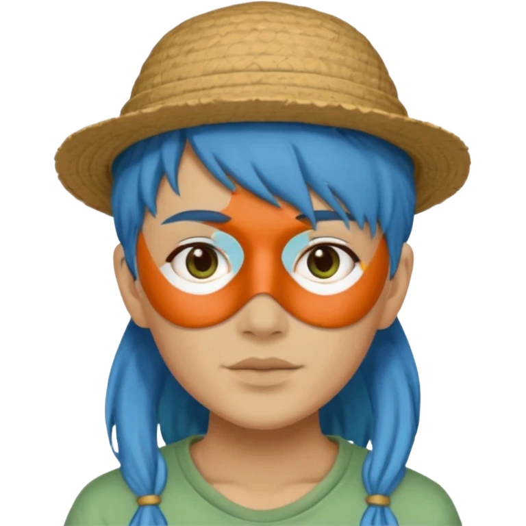 messy green full face clay mask and tourist hat blue hair  emoji