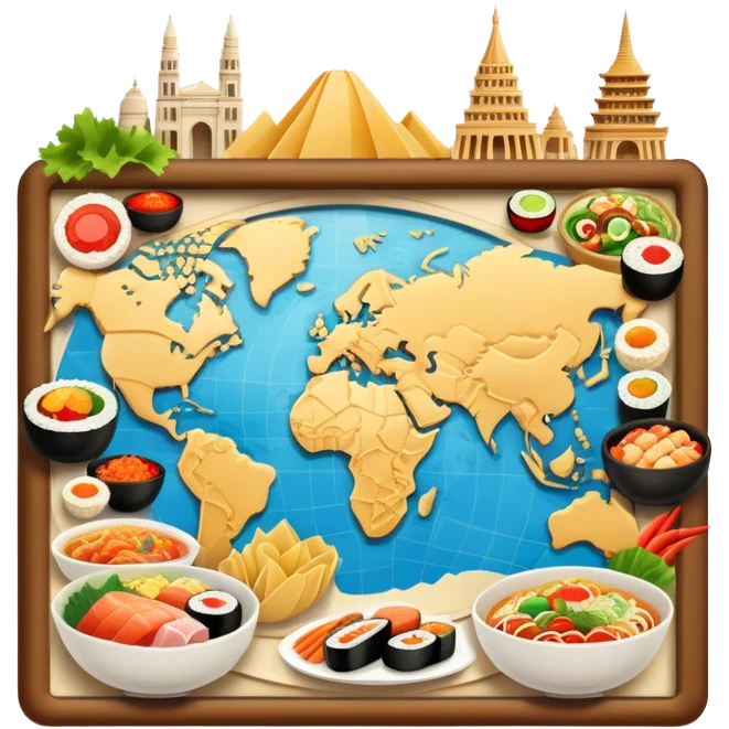 Icon for Culinary Tourism: a map with various national dishes from around the world, like sushi, pasta, and tacos, surrounded by iconic landmarks. The icon should represent the joy of exploring different cuisines during travel. Transparent background. emoji