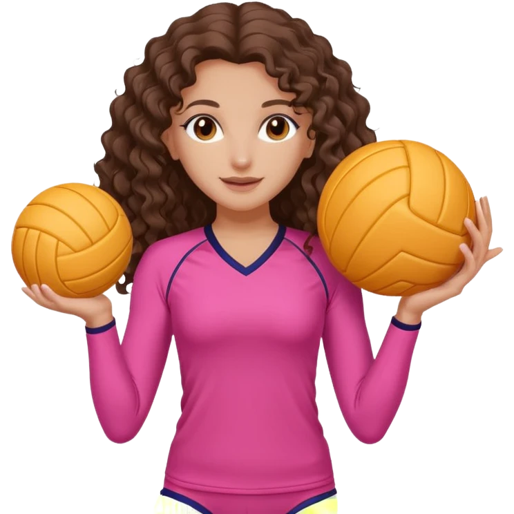 white brunette volleyball player with long curly hair (standing girl playing) pink outfit & white and orange ball emoji