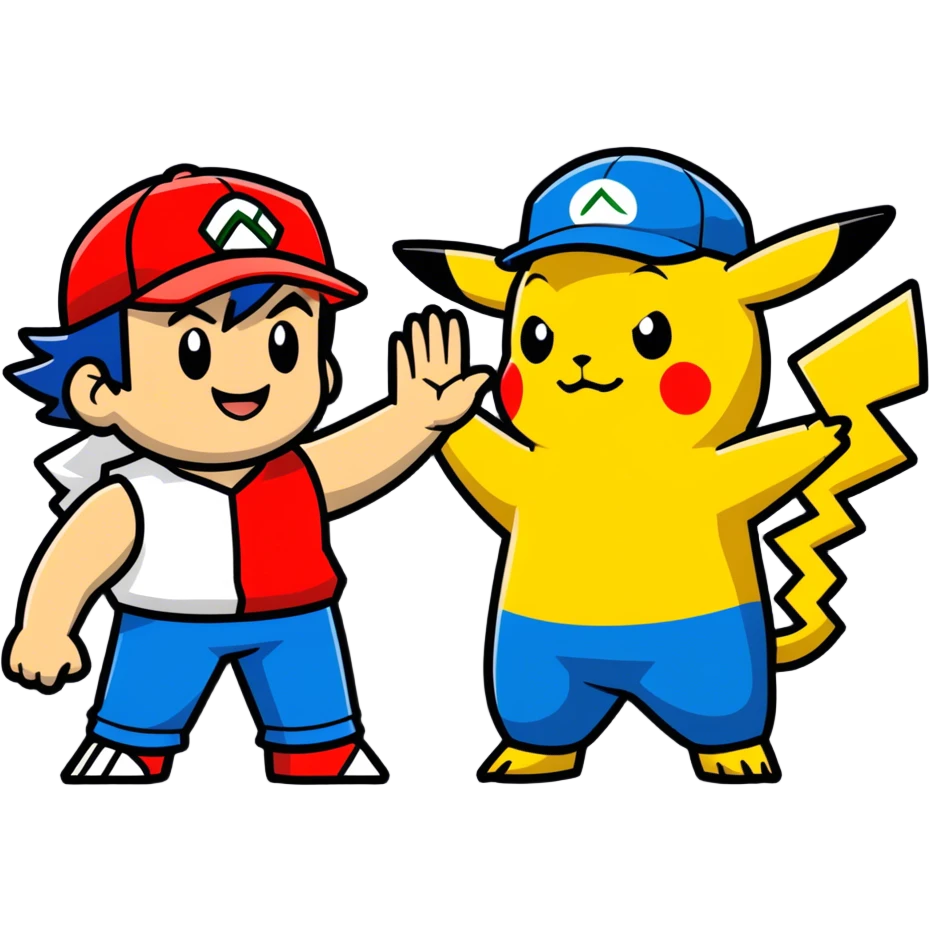 Hot handsomeb muscular 6ft tall smiling happy fun Ash Ketchum giving Pikachu a high five emoji