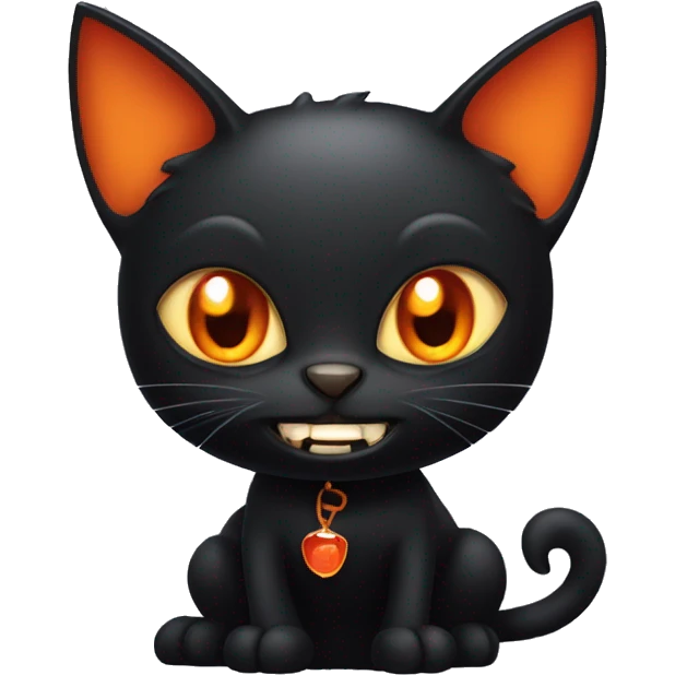Black cat with orange eyes is wearing vampire costumes and has vimpares teeth  emoji