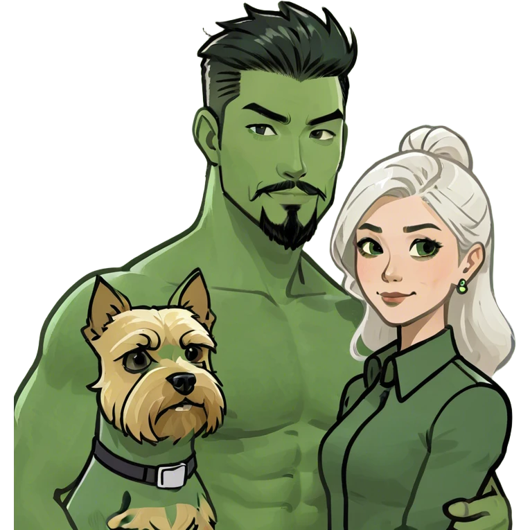 A blonde white women stands beside a handsome, muscular Korean man with black hair styled in a sharp point, a full goatee, and a blonde Yorkshire Terrier in his arms emoji