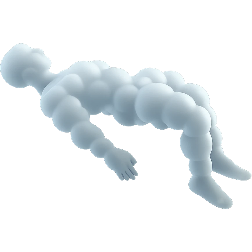 side view of unconscious person flying torso up, legs and arms down, made of small very bright white fluffy convex clouds, matte glass style emoji