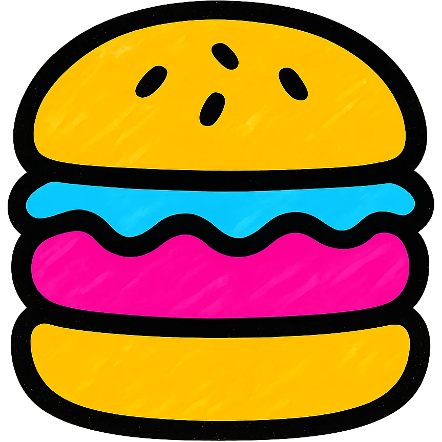 burger icon, flat color style, bold lines, minimal shading, easy to recognize, suitable for digital interfaces emoji