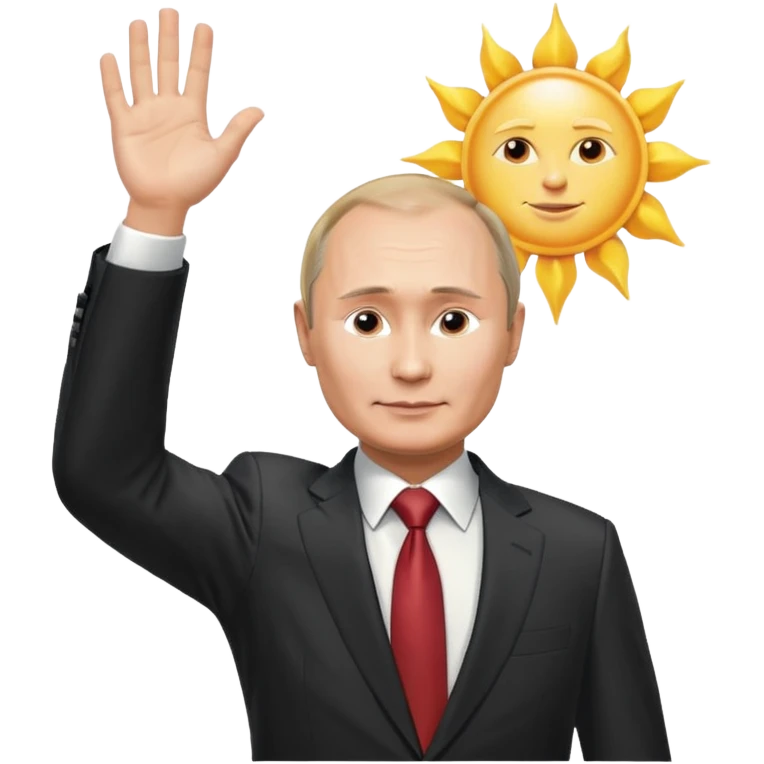 Putin stands with his right hand raised towards the sun emoji