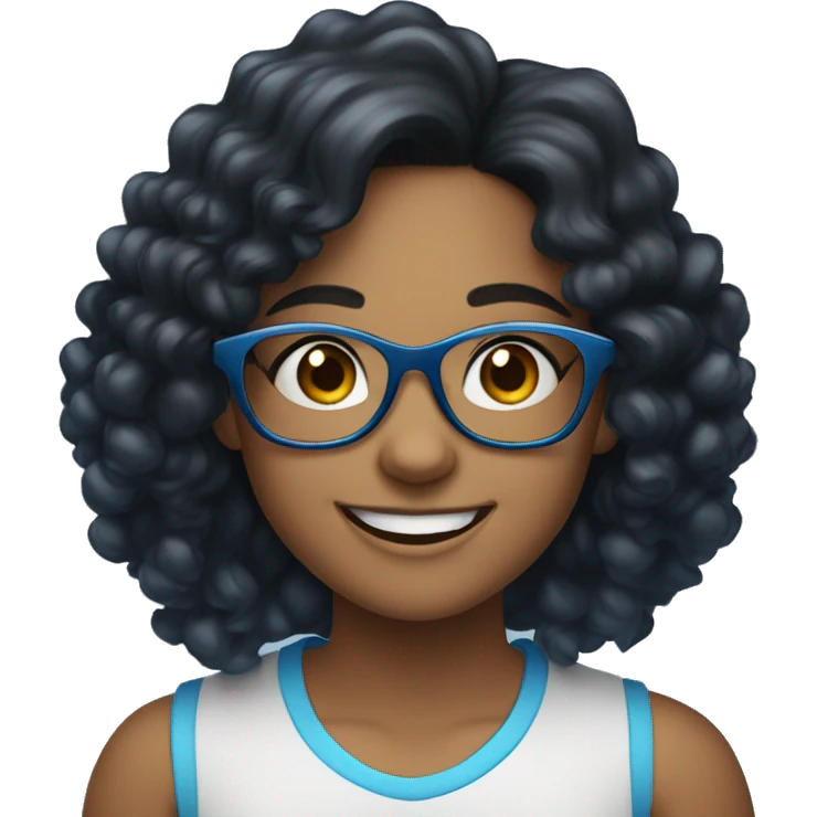 smiling girl with glasses indoors, she has long black curly hair with blue dyed ends emoji