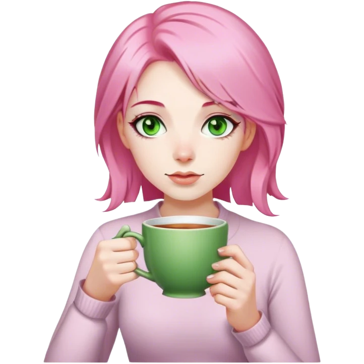 Pink haired woman with green eyes drinking a cuppa tea  emoji
