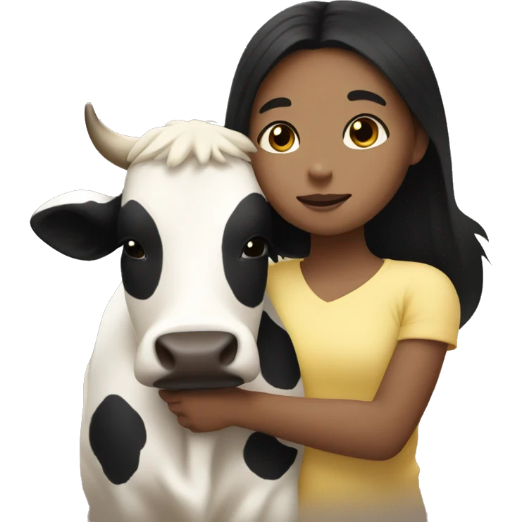 Cow hugging a girl with light skin and black hair emoji