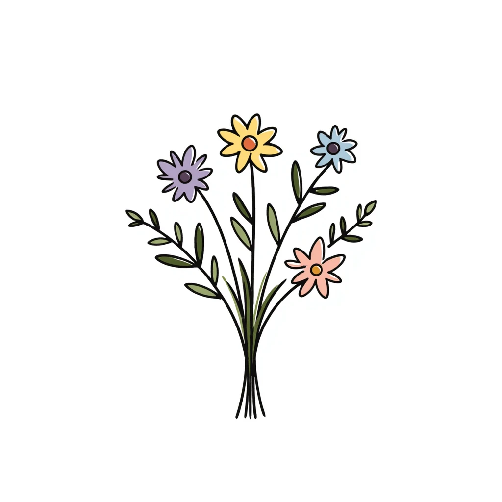 Simple bouquet of spring flowers with different blooms including small daffodils and daisies. Hand-drawn doodle style using pastel colors (pink, light blue, lavender, peach). Cheerful floral arrangement with leaves and stems. Delicate spring bloom design. emoji