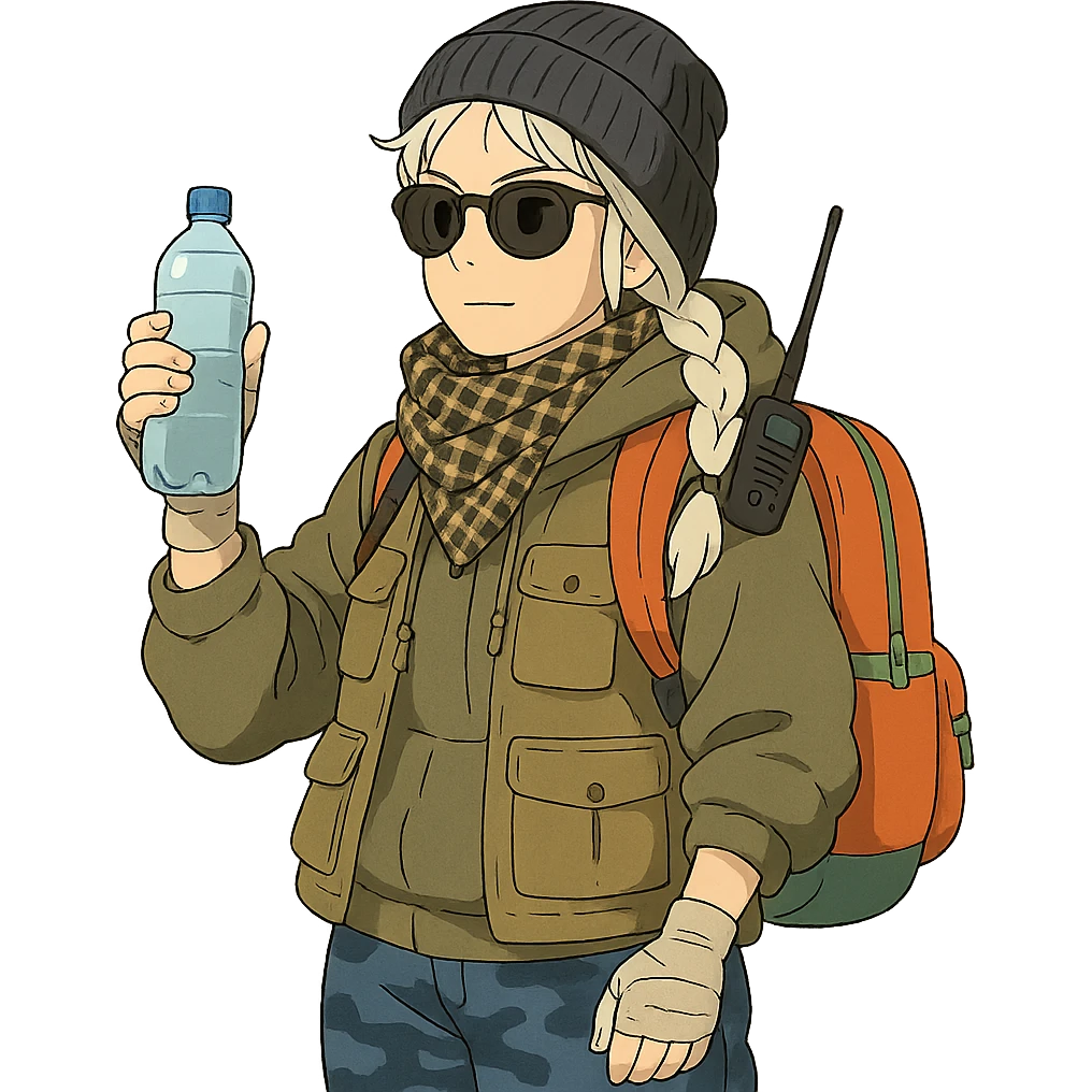 1 female, long white braid, knit cap, dark sunglasses, shemegh neckwrap, fishing vest, vibrant shool backpack, drab hoodie, handwraps, blue camo pants, handheld radio clipped to shoulder, unkempt, holding a bottle of water emoji