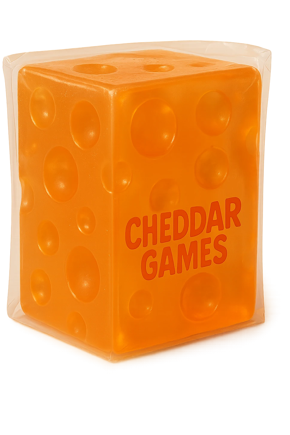 A hyper-realistic, highly detailed block of cheddar cheese with Swiss cheese holes, made of clear orange transparent plastic with a soft, squishy, slightly cloudy texture, resembling a 90's retro toy or gummy. The block is sealed in plastic with 'Cheddar Games' written on it. The plastic has soft reflections, is not shiny. The image has no background (transparent). The cheese looks appealing, retro, and extremely high quality, with every detail spared. emoji