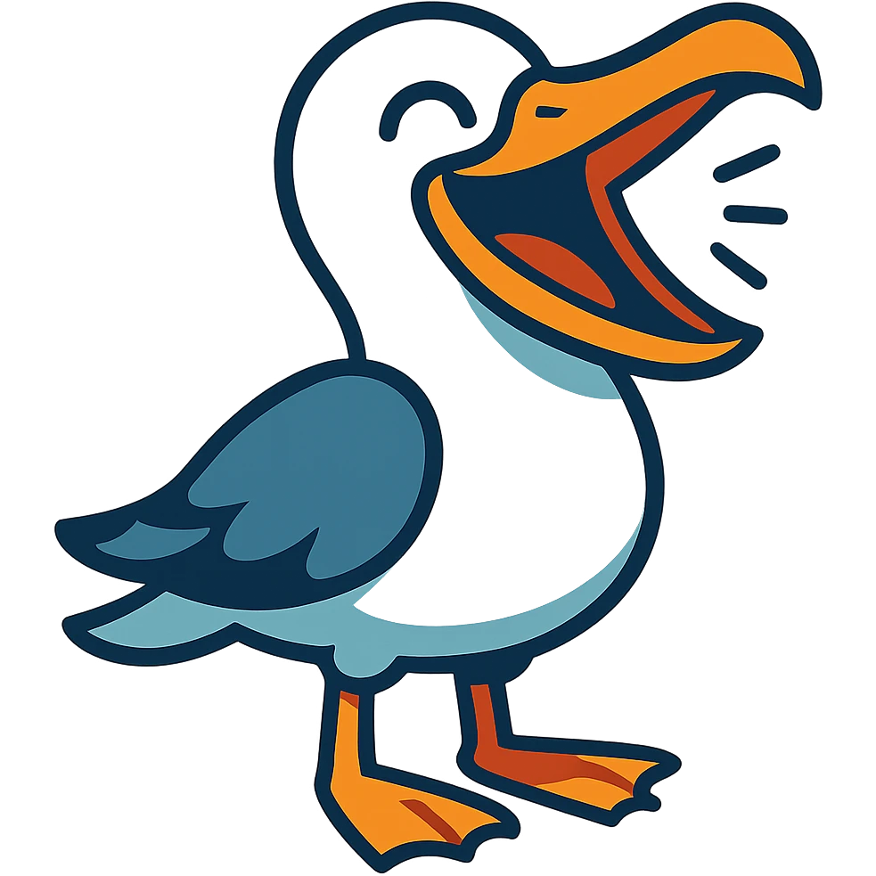 a seagull with its beak wide open, laughing, cartoon style, vibrant toon style emoji
