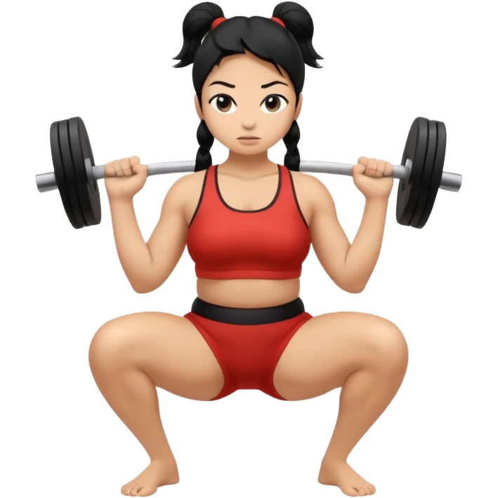Women with long black ponytail doing a sumo squat with no weights or barbells emoji