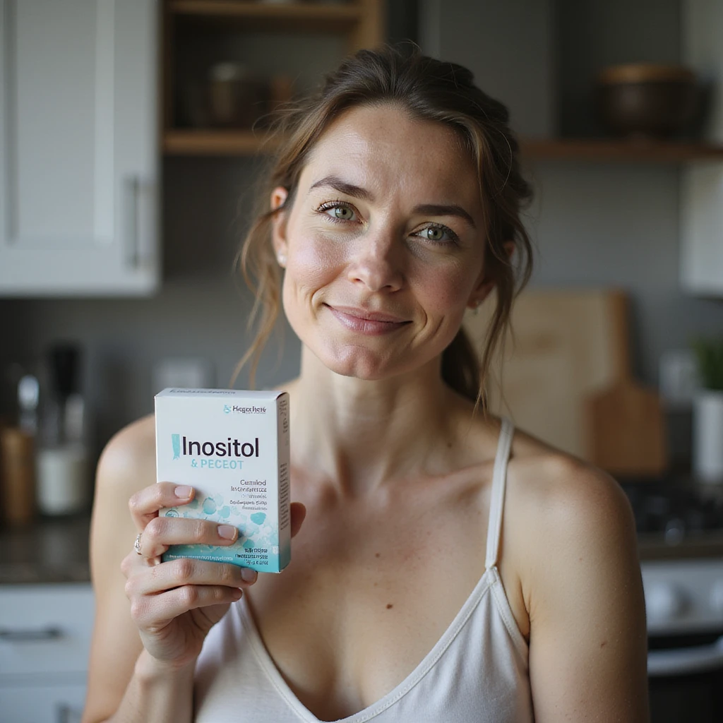 lifestyle photo of a woman with PCOS in kitchen, holding a box of inositol near a glass of water, face with acne and facial hair, thin hair, serene expression, natural light emoji