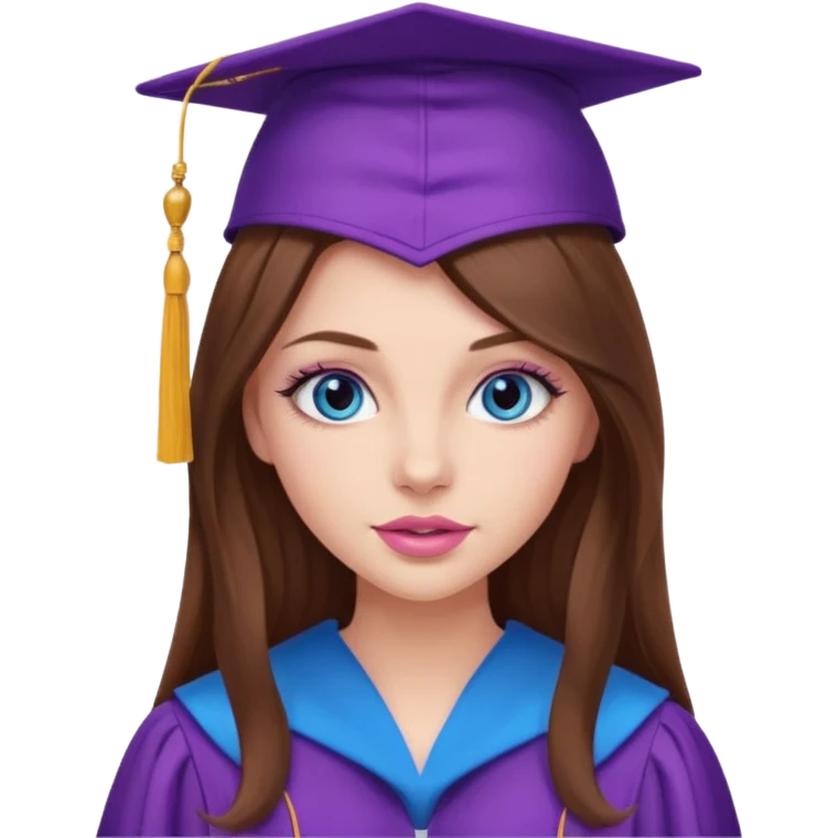 girl with gorgeous long brown hair, blue eyes, long lashes makeup, sexy pink lips, wearing a purple graduation cap and gown emoji