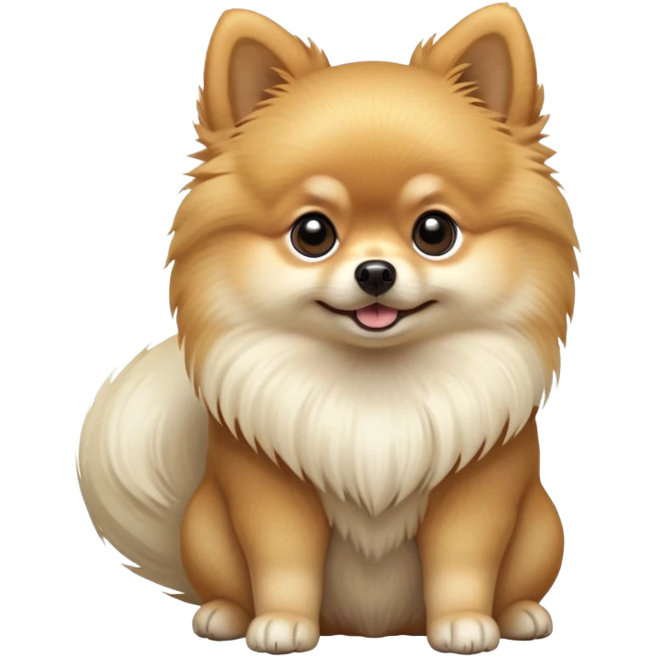 cinematic-[pomeranian]-realistic-full-body-sitting-emoji,-tail-resting-loosely-beside-its-paws,-head-tilted-dramatically, -fluffy-[light cream]-fur,-simplified-yet-realistic-focused-features,-highly-detailed,-glowing-with-an-almost-sarcastic-glow emoji