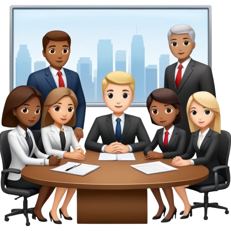 diverse team in business attire discussing at a meeting table emoji