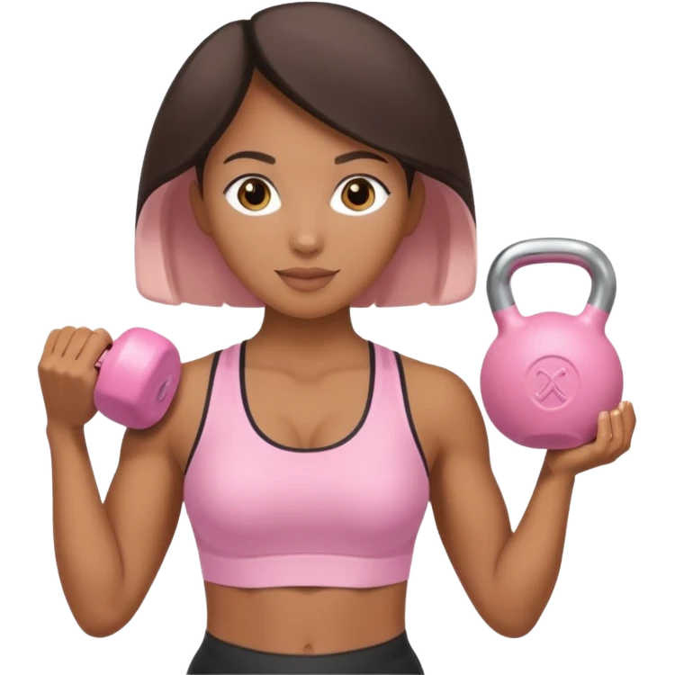 Mixed-race athletic woman with bronzed caramel skin, pastel pink kettlebell in hand, soft pastel background emoji