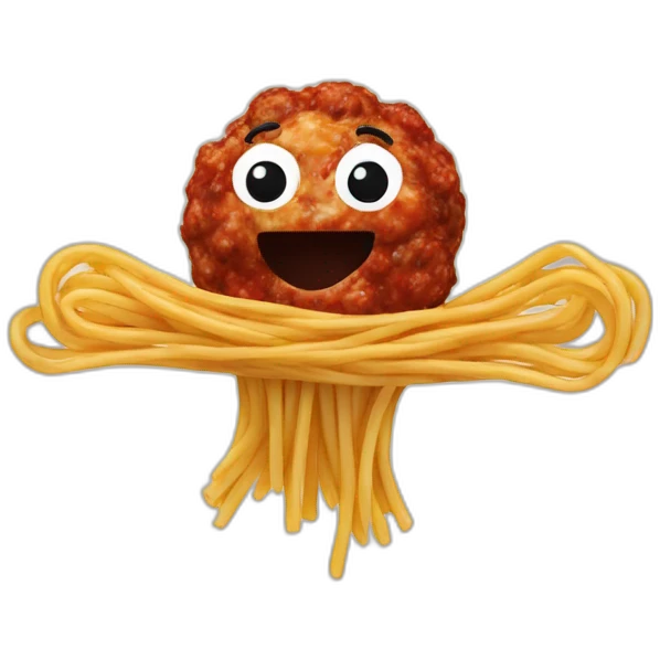 Spaghetti and meatballs with a face, arms and legs, doing something random emoji