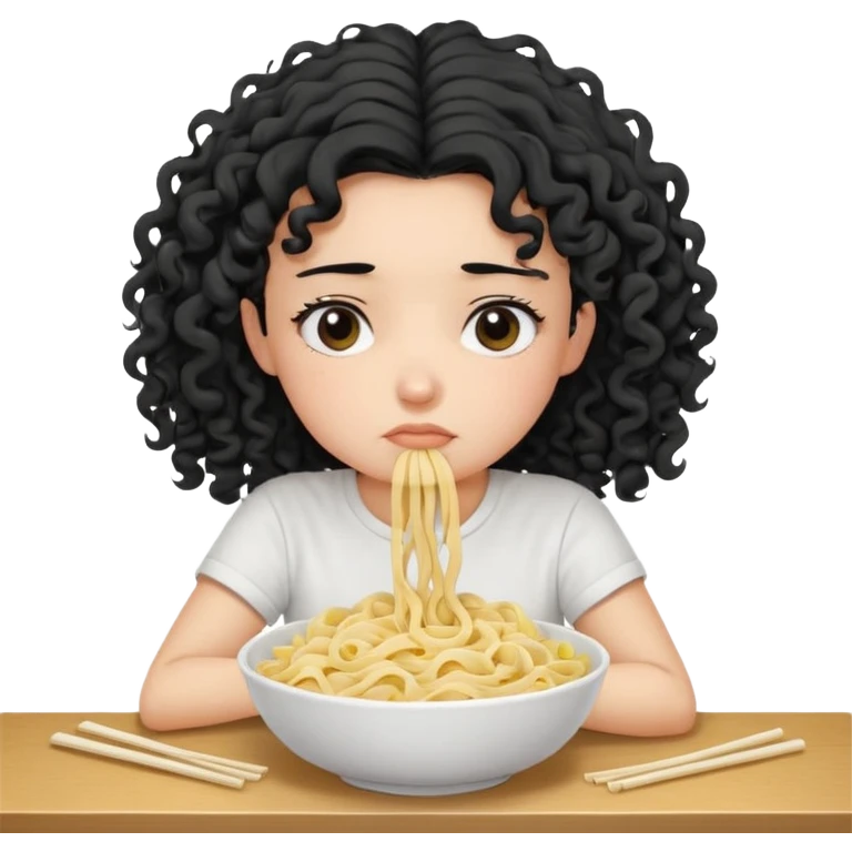 generate a pretty bratz fair skinned girl with curly black hair wearing a white tshirt sitting on a table with noodles. looking sleepy and tired emoji