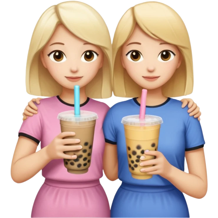 two friends, one blonde and one brunette, standing with their backs, hugging each other with one hand and holding bubble tea with the other, emoji style emoji