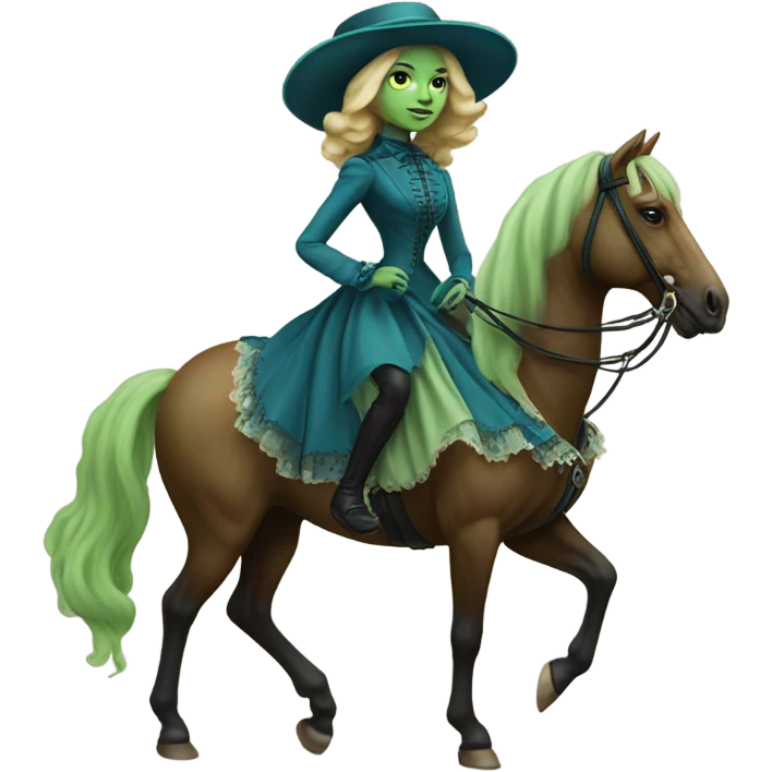 "galora green blonde alien woman" in blue Victorian dress elegant, full body, on brown horse emoji