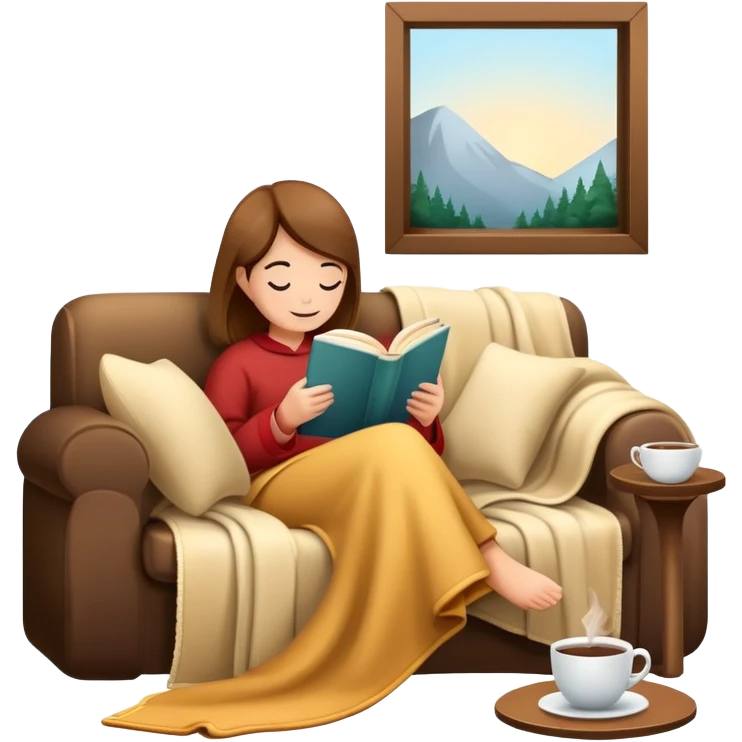 cozy reading nook with blanket, book, and hot drink emoji