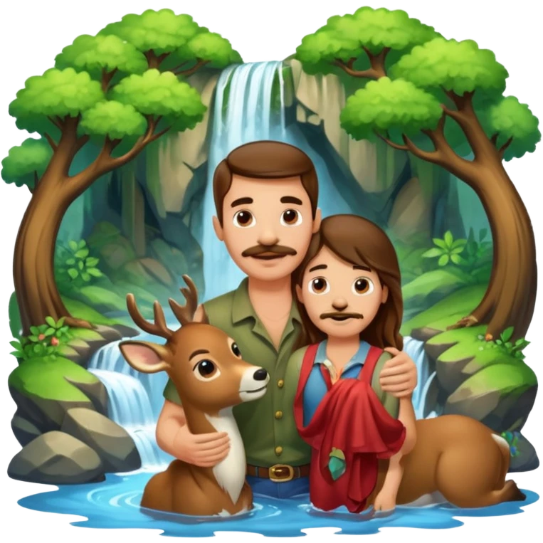 ripped guy with mustache and long hair, being nuzzled by one adolescent deer, in a secluded glen, with a waterfall emoji