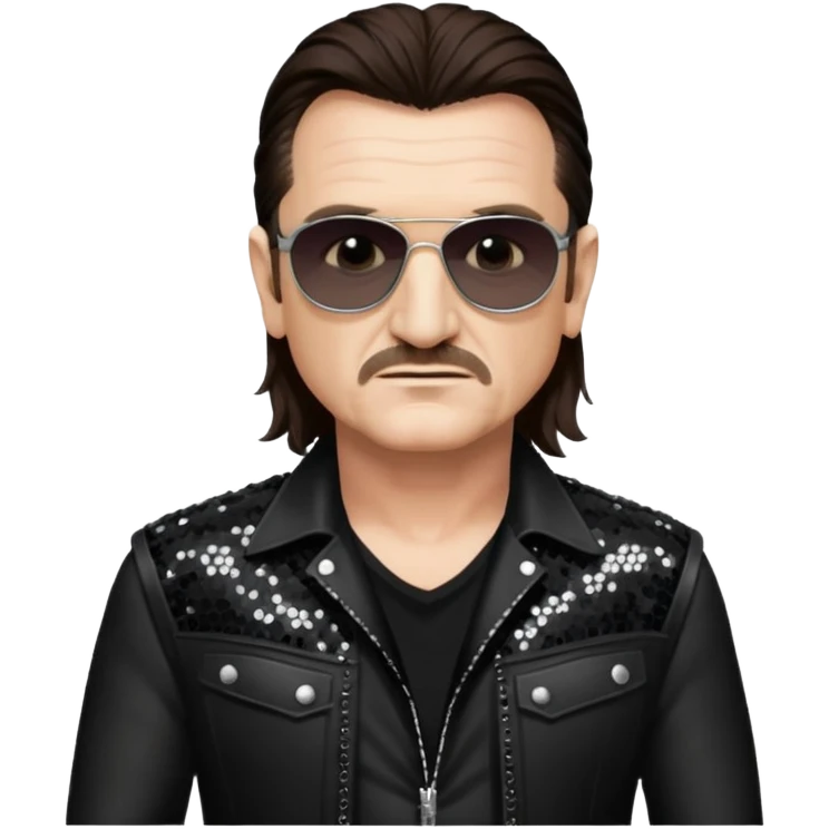 Bono with long dark brown hair, black sequin tour outfit emoji