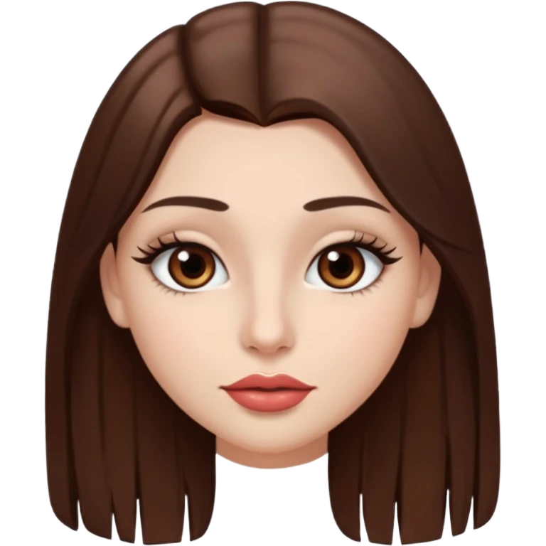 Una chica con piel muy clarita con pleo liso largo de color castaño y unos ojos marrones oscuro y labios grandes y nariz bonita y con unas pestañas emoji