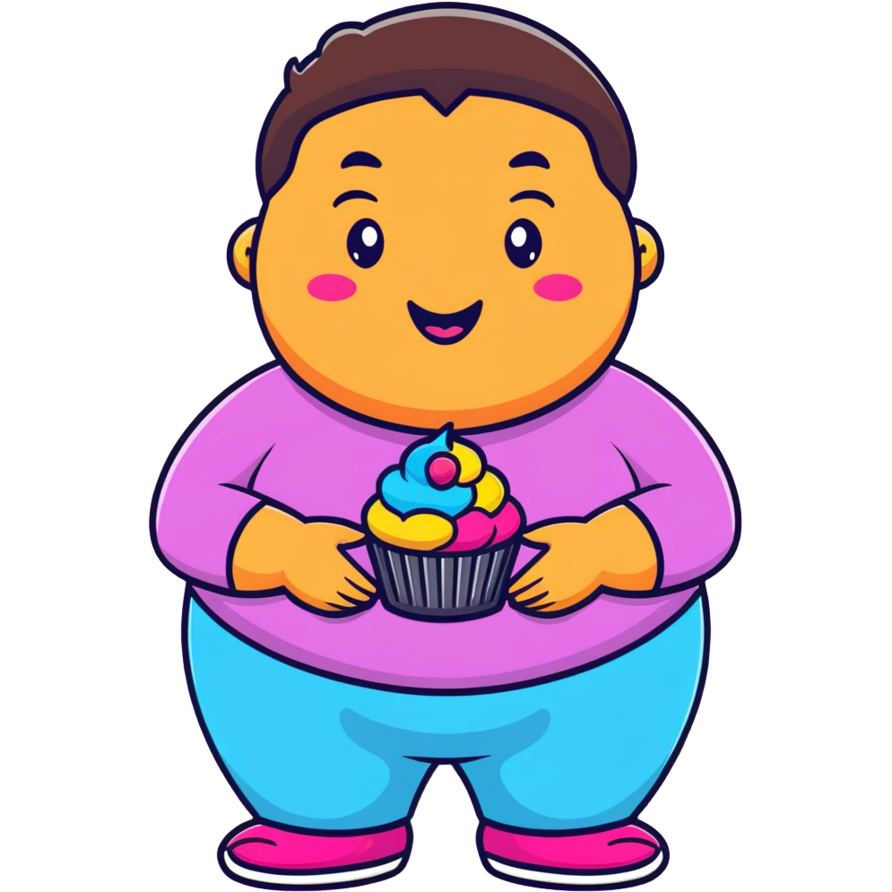 Extremely obese African American cartoon character with a very round face, smiling happily while holding colorful cupcakes emoji
