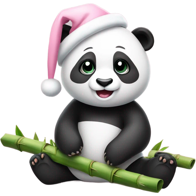 panda with pastel pink christmas hat eating bamboo emoji
