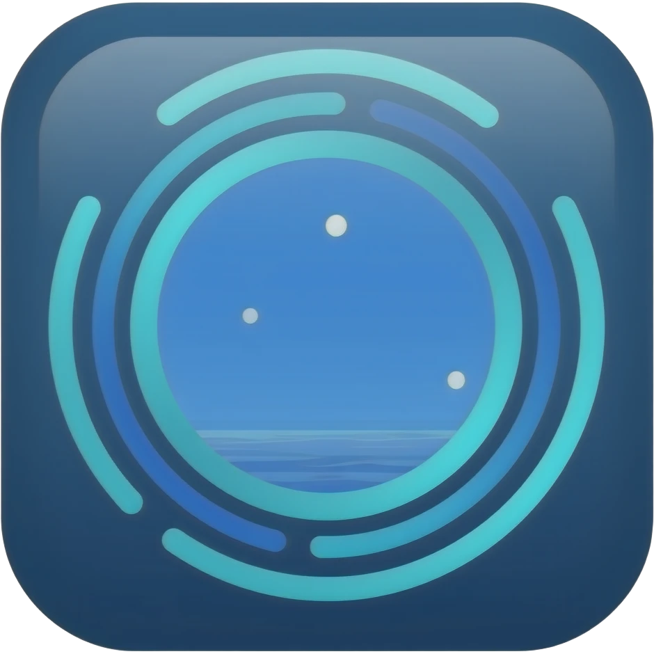 calendar emoji, futuristic. Concentric rings: deep blue → sky blue, sea turquoise highlights. Dark blue background. Coastal grey dots on rings, sky white floating dots. Sky white glow. iOS style. emoji