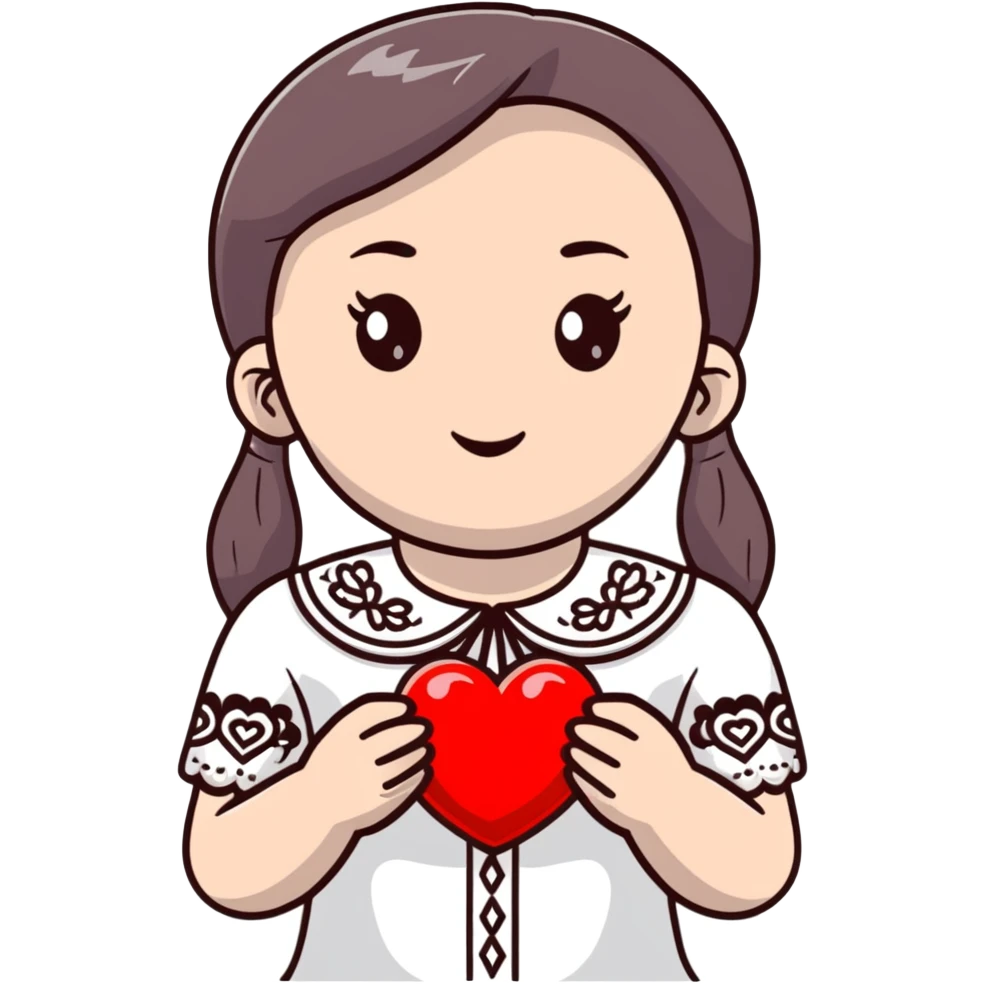 Beautiful young girl in a white Ukrainian embroidered shirt holds a large embroidered heart in her hands emoji