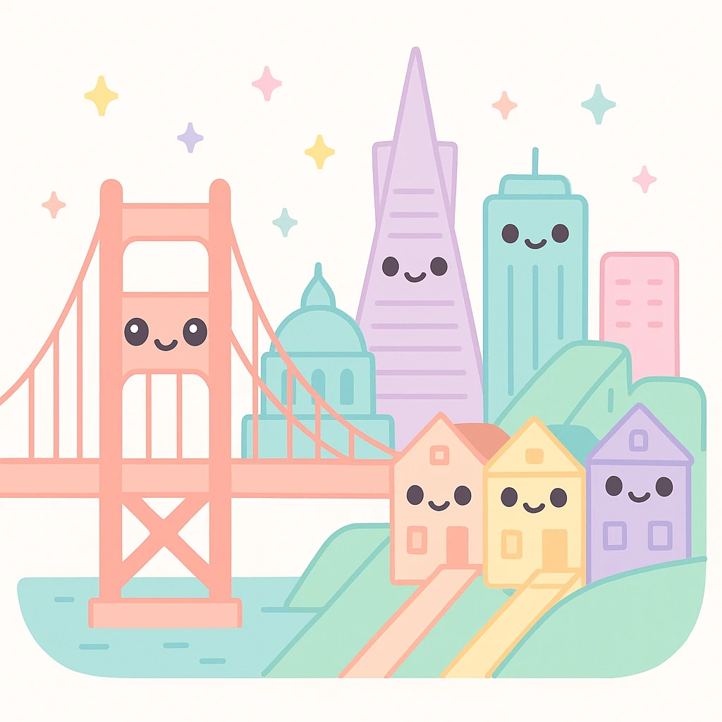 {
  "style_description": {
    "overall_look": "Cute, minimal, and soft with a friendly and playful tone",
    "material_simulation": {
      "primary_material": "flat digital color",
      "texture_detail": "smooth surfaces with no texture or shading",
      "pattern": "none or very simple decorative accents (e.g., hearts, stars)"
    },
    "geometry": {
      "edge_style": "rounded, soft curves with no sharp angles",
      "dimensionality": "flat two-dimensional appearance with simple shapes"
    },
    "color_palette": {
      "scheme": "pastel and light tones",
      "preferred_colors": ["pink", "mint", "lavender", "baby blue", "peach"],
      "contrast": "low contrast with bright accents"
    },
    "facial_features": {
      "eyes": "large, sparkly, often oval or circular",
      "mouth": "small, often a simple curve or dot",
      "expression": "joyful, innocent, or calm"
    },
    "lighting": {
      "type": "none or implied with soft highlights",
      "purpose": "maintain a clean and cheerful look"
    },
    "render_constraints": {
      "avoid": ["realistic shading", "high detail", "dark themes", "texture noise"],
      "focus_on": ["cute expression", "iconic simplicity", "emotional warmth"]
    },
    "background": {
      "color": "white or soft pastel",
      "style": "plain or patterned with simple icons (e.g., polka dots, stars)",
      "lighting_consistency": "no shadows, evenly lit feel"
    }
  }
}

{subject} = san francisco emoji