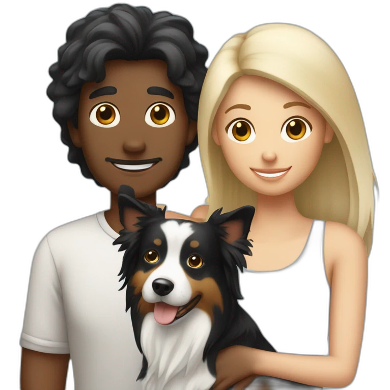 Family formed by a White man with a border collie black and with and a White woman with long black hair and a small yorkshire terrier dog emoji