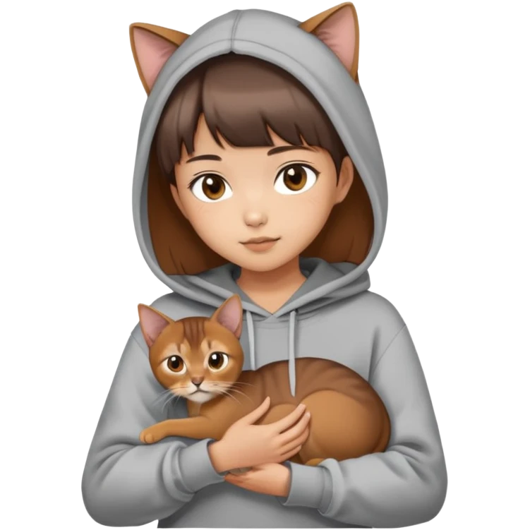 a asian girl with short brown hair and bangs holding an Abyssinian cat， wearing grey hoodie emoji