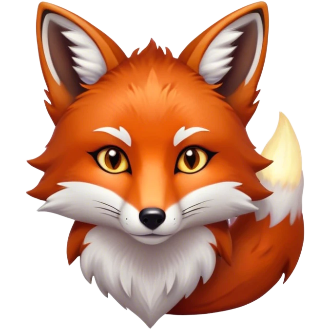 Cinematic Noble Fox Portrait Emoji, Poised and regal, with a lithe, agile build and a lush, fiery red Fur accented by white markings on the chest and tip of the tail, deep-set soulful amber eyes, Simplified yet sharp and sophisticated features, highly detailed, glowing with a warm, dignified glow, high shine, intelligent and cunning, stylized with an air of wild elegance, focused and attentive, soft glowing outline, capturing the essence of a watchful and confident forest wanderer, so majestic it feels as though it could dash out of the screen with effortless authority! emoji