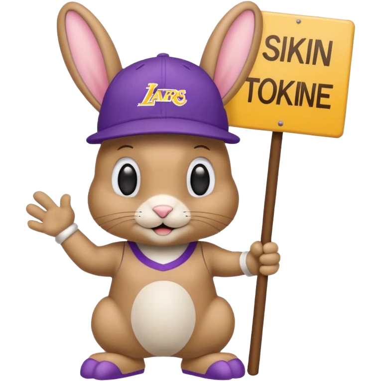 A tanish bunny with a Lakers hat and a sign that says "peewee" emoji