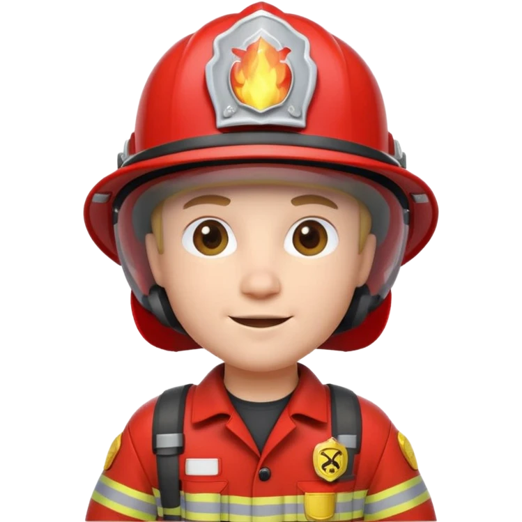 3D cartoon-style firefighter in the Apple emoji style, wearing a bright red fireproof uniform and matching helmet emoji