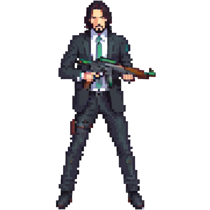 John Wick character with black suit, long dark hair, holding a gun emoji