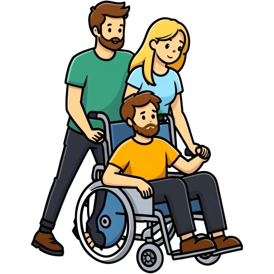 A bearded Brown haired man in a wheel chair with long blonde haired mom pushing the wheel chair emoji