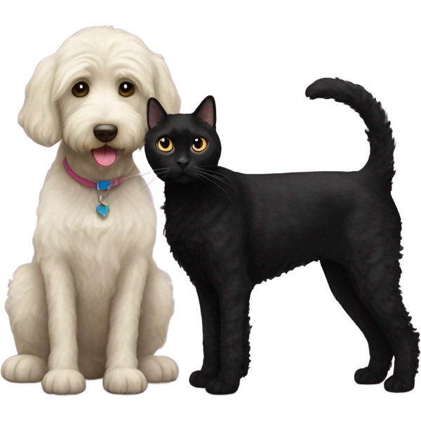 Black labradoodle next to black cat emoji