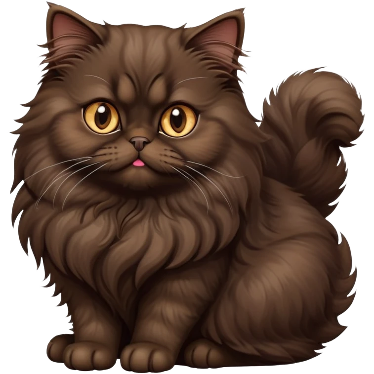cinematic-[dark brown persian cat]-realistic-full-body-sitting-emoji,-tail-curled-playfully-around-its-paws,-head-tilted-dramatically,-fluffy-[dark brown]-fur,-simplified-yet-realistic-focused-features,-highly-detailed,-glowing-with-an-almost-sarcastic-glow emoji