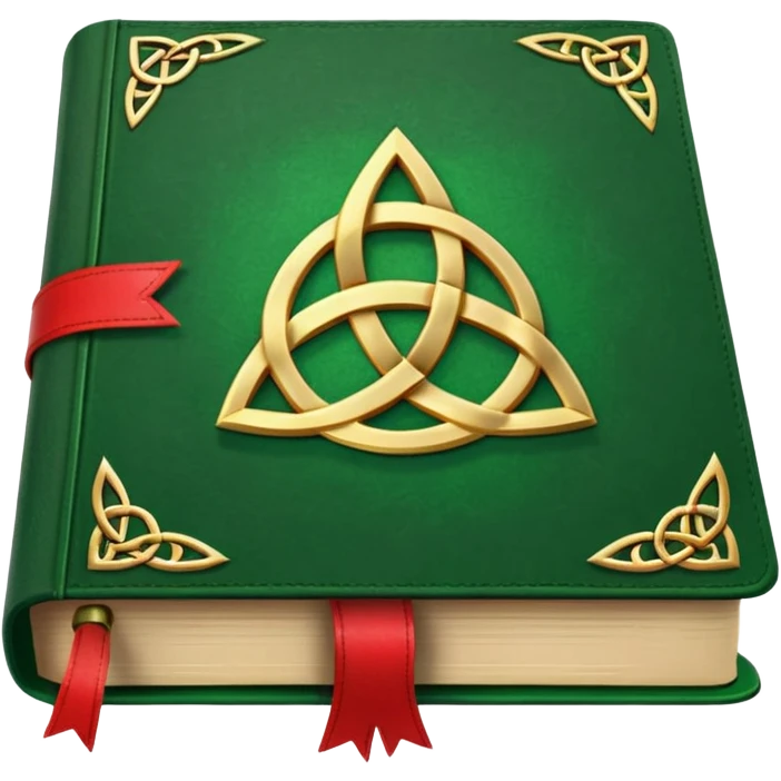 a green closed book with a golden triquetra on it with a red ribbon between the paged emoji