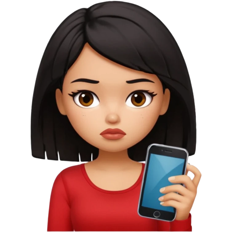 generate a pretty bratz girl with short black mess hair, looking tired and using her phone emoji