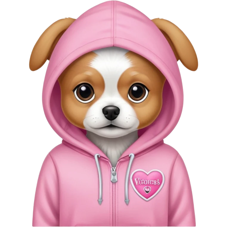 small dog wearing Victoria's Secret pink hoodie with logo emoji