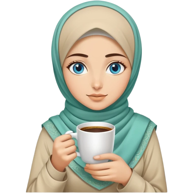 Turkish beautiful finish Konya two girls blue eyes with beige and light green hijab islamic dress and had on her hand hot coffee   emoji